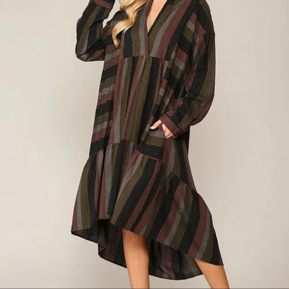 Striped V-Neck Tiered Midi Dress